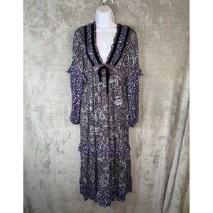 Btfl-Life Boho Maxi Dress Velvet Trim V Neck Empire Waist Paisley Sz Sm Cottage